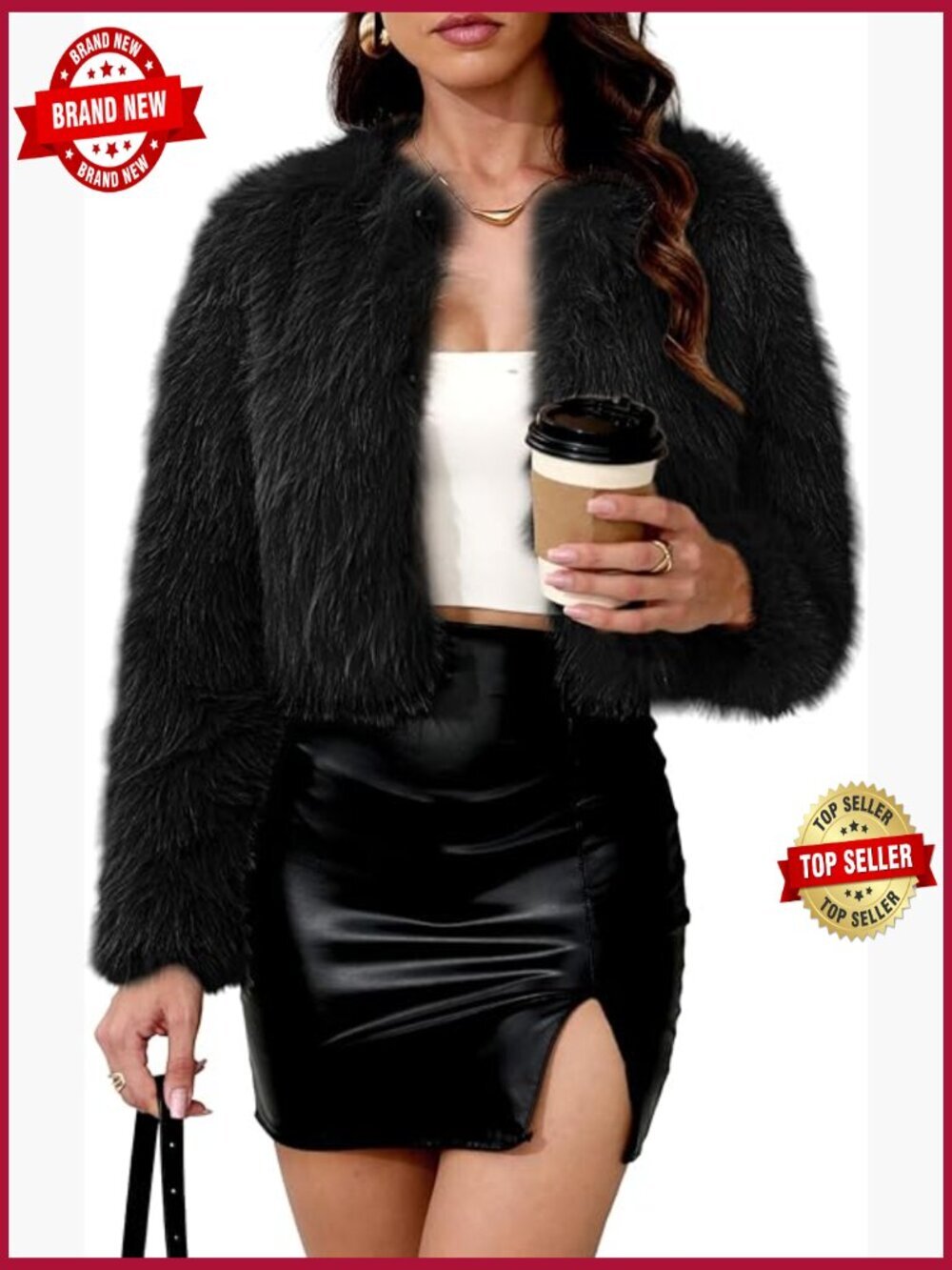 Cropped Faux Fur Coat Fluffy Open Front Jacket Long Sleeve Shaggy Short